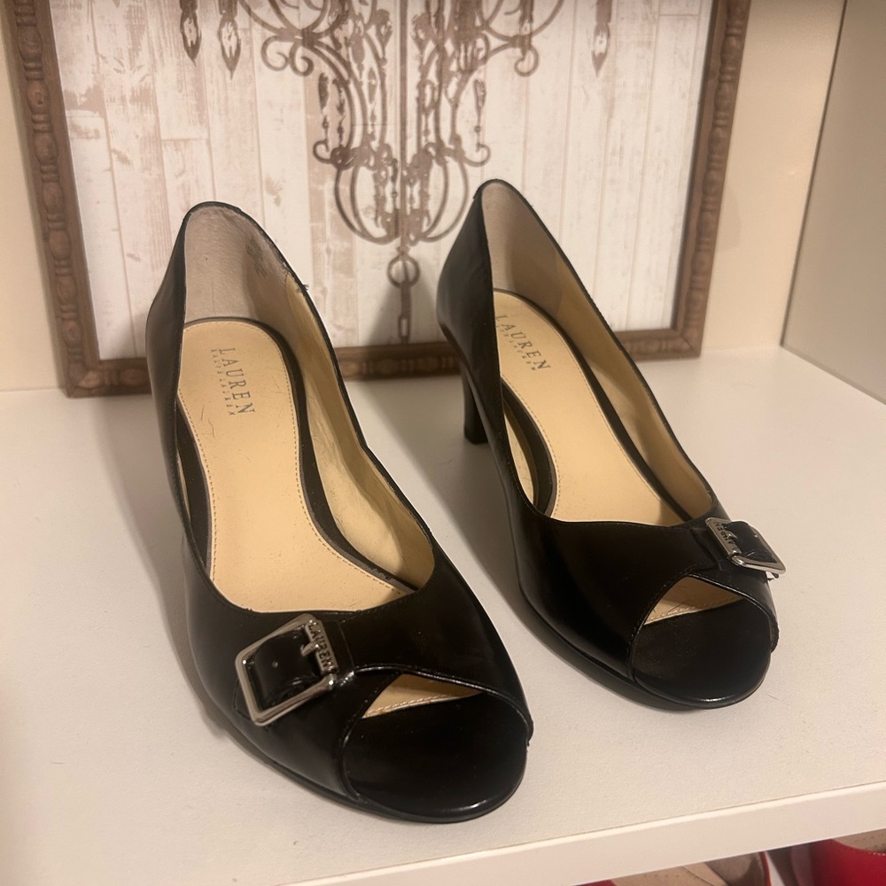 Ralph Lauren Black Peep Toe Heels with Buckle.
